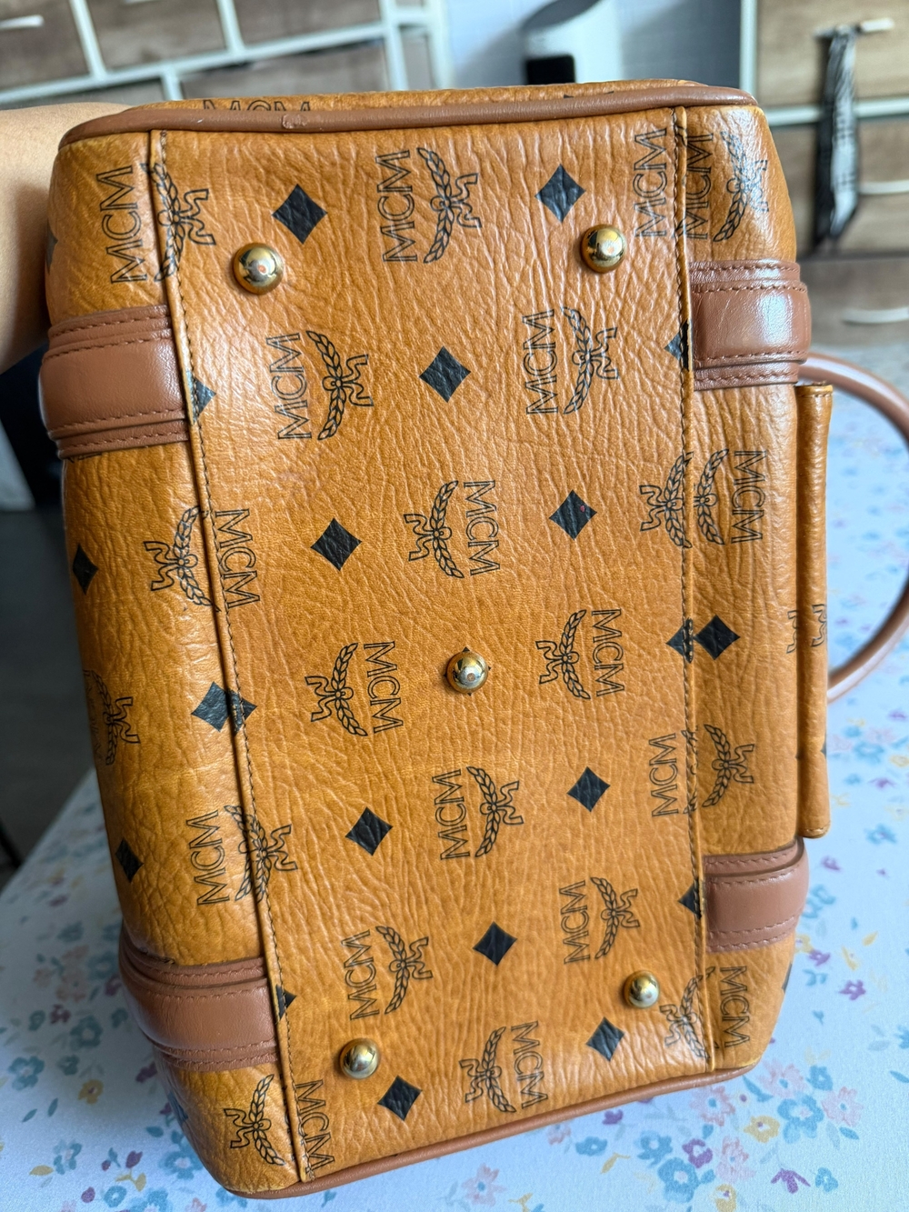 MCM Cognac Visetos Mini Satchel in Tan Leather Trim - Picture 8 of 10